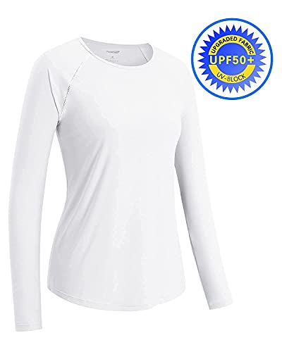 Promover Women's UPF 50+ Long Sleeve UV Workout Shirts Quick Dry Lightweight Hiking Tops White Sun Shirts(White,M)