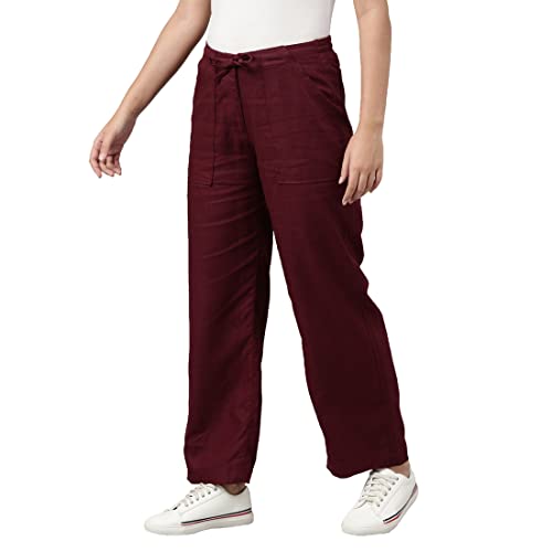 Image of GO COLORS Solid Linen Cargo Pants for Women | Full Length, Mid Rise, Side Pockets