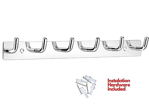Image of Stainless Steel Cloth Hooks for Wall, Clothes Hook Hangers Door Mounted, Wall Mount Shirt Hanging Hangers, Dress Holder Pegs - 6 Pin-XL, Pack of 1, Silver
