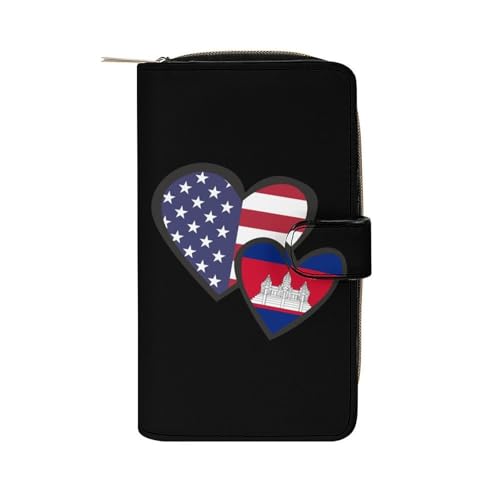 Interlocking Hearts U.S.A. Cambodia Flag Long Wallet for Women Men Purses Coin Pouch Credit Card Holder Organizer