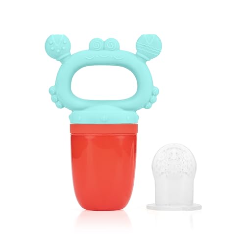 Image of BabyGo Silicone Baby Fruit Nibbler & Teether with Rattle Handle | Soft Feeding Feeder for Fruits | Easy Grip Self-Feeding Teething Pacifier & Teether for Babies 6-12 Months | Multicolour | Pack of 1