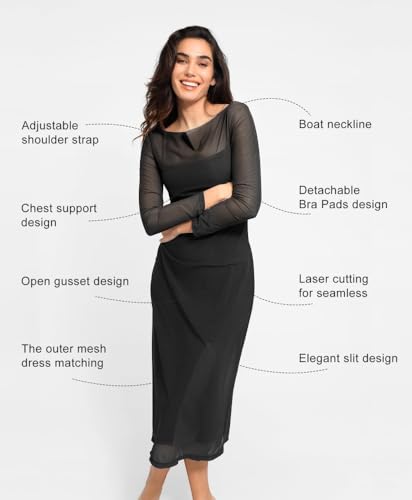 Image of Popilush Mesh Shapewear Dress Corset Date Night Dresses for Women Two Piece Club Outfits with Slit
