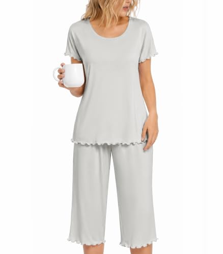 Image of NACHILA Women's Bamboo Viscose Capri Pajamas Set Cooling Short Sleeve Pjs | Ultra-Soft & Breathable,Moisture-Wicking Sleepwear,Cools Night Sweats & Hot Sleepers,OEKO-TEX Certified