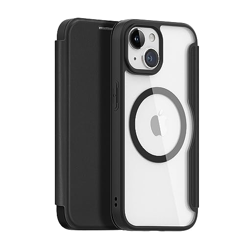 Étui clapet iPhone 15 en cuir PU premium avec dos transparent antichoc