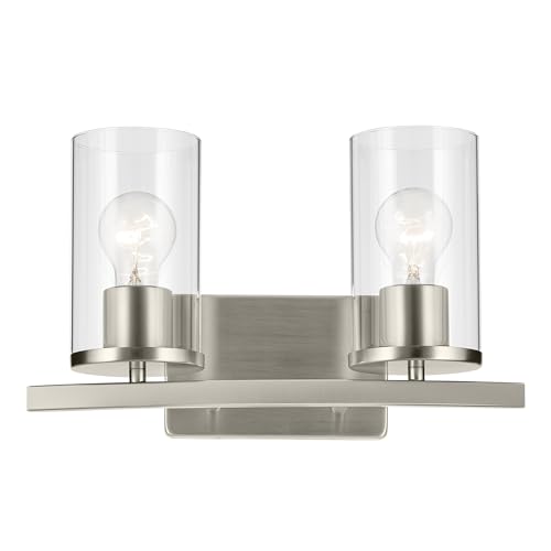 Image of Kichler Crosby 15.25 inch 2-Light Bathroom Vanity Light Fixture with Clear Glass Shades in Brushed Nickel for Modern Powder Room Over Mirror Wall Mount (15.25 inch x 8.75 inch), 45496NICLR