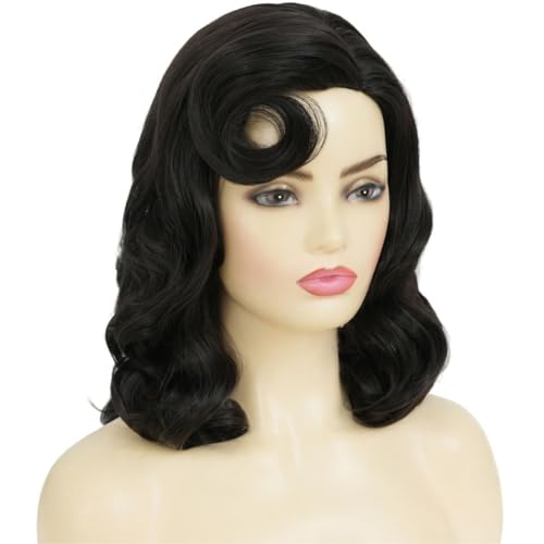 Image of Swiking Black Curly Vintage Wig for Women 1950s Hollywood Big Wave Wig Retro Victory Rolls Synthetic Wig for Halloween Cosplay Daily Wear