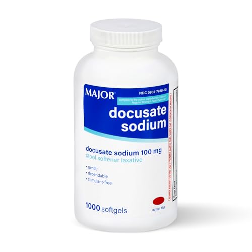 MAJOR Docusate Sodium 100mg Stool Softener Laxative for Occasional Constipation Relief - Gentle Dependable Stimulant-Free 1000 Softgels
