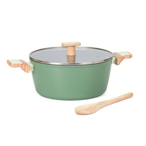 Image of Kreme Ceracook Ceramic Coated Granite Casserole 5.5Ltrs /26cm with Glass Lid, Stew Pot, Biriyani, ISI Certified, Forged Aluminium, Gas & Induction Use, PFAS & PTFE Free, 1 Yr Warranty, Olive Green