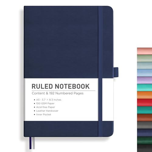 Image of RETTACY Lined Journal Notebook, 192 Numbered Pages, A5 Size (5.7'' x 8.3'') | Leather Hardcover, 100 GSM Thick Paper, for Men & Women, Journaling, Writing, Work & Office (Navy blue)