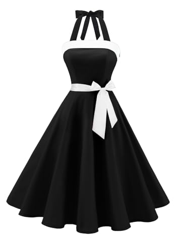 Timormode Damen Vintage Cocktailkleid Knielang Neckholder Swing Retro Rockabilly Kleid Schwarz 2 L