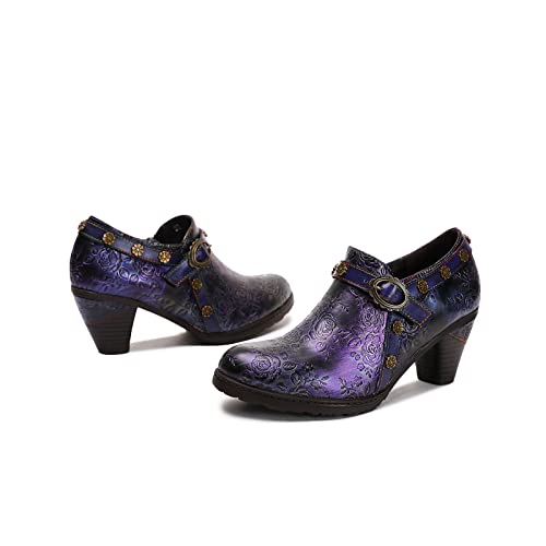 CrazycatZ Leather Pumps,Womens Colorful Vintage Block Heel Floral Oxford Shoes