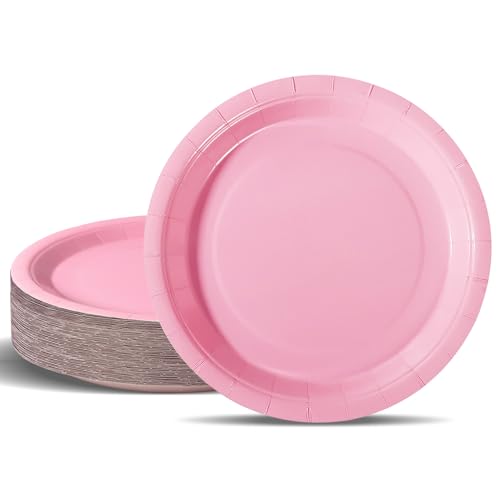 PYAILI Stoviglie per Feste Rosa Chiaro 50 pezzi Piatti di Carta per Feste in 18 CM Piatti Carta Getta Rotondi per Compleanno