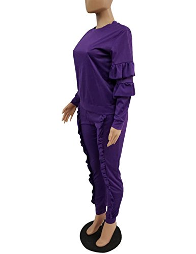 Akmipoem Casual Ruffle Two Piece Outfits Pullover Tops And Pants Jumpsuit Set For Ladies Purple L #TOP3