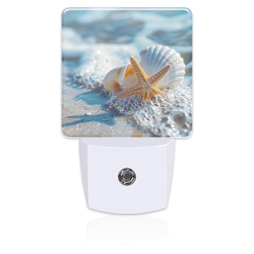 Image of Starfish Seashell on Beach Night Light Plug into Wall, Summmer Ocean Beach Dusk to Dawn Night Light,0.5w Energy Saving Sleep Friendly Nightlights for Kids Boys Girls Home Decor