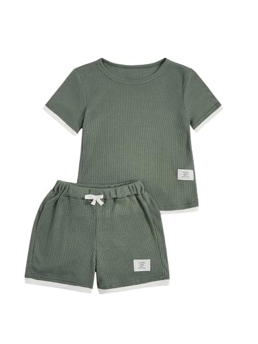 Image of Verdusa Boy's 2 Piece Casual Summer Outfits Waffle Knit Short Sleeve T Shirt and Track Shorts Sets Army Green 7Y