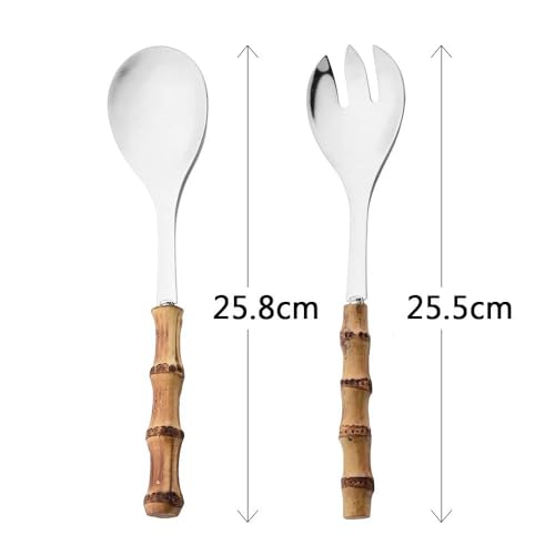 Set di posate – 4 pezzi cucchiaio da insalata con manico lungo forchetta forchetta cucchiaio da portata con manici in legno di bambù e stoviglie in acciaio inox