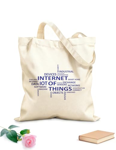 XIARON Bolsas de compras de poliéster y algodón Nube de palabras Internet de las cosas Tela de 340g/m² de grosor Eslogan personalizable M Azul oscuro