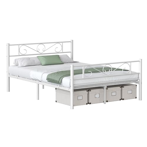 VASAGLE Bett 140 x 200 cm, Gästebett, Doppelbett aus Metall, Bettgestell, Bettrahmen, Metallbett, einfache Montage, mattweiß RMB064WG01