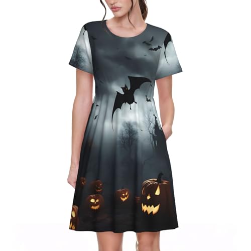 Robe d'été Halloween chauve-souris pour femme coupe décontractée à manches courtes
