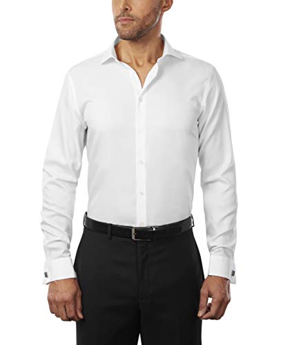 Calvin Klein Men's Dress Shirt Slim Fit Non Iron Solid French Cuff, White, 16.5" Neck 32"-33" Sleeve