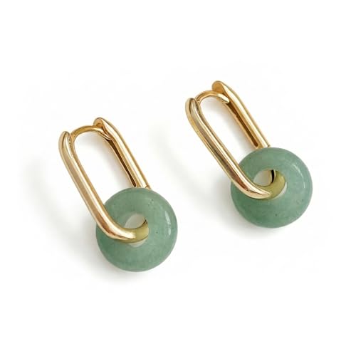 Green Jade Earrings Healing Natural Gemstone Hoop Earrings for Women 18K Gold Plated Handmade Crystal Earrings (Green)