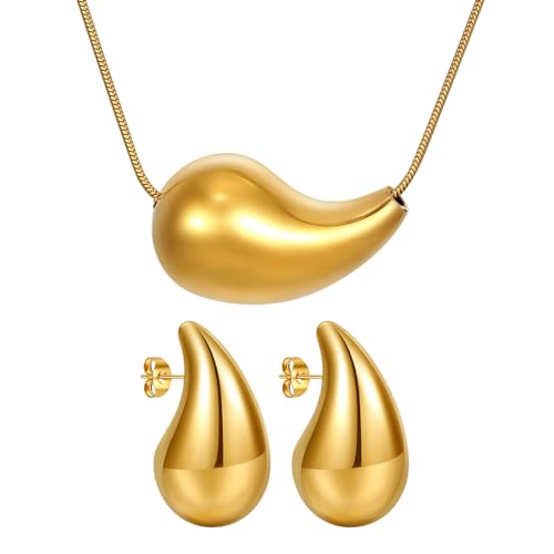 Cupimatch Pendientes Collar Lágrima Mujer: 18k Oro Grueso gota de agua Acero Inoxidable Conjunto - Moda Joyería Regalos - Oro