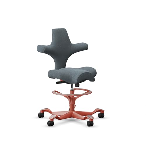 Image of HAG Capisco Sit to Stand Chair-Blush Rose Frame-Upholstered Dark Gray-with Foot Ring