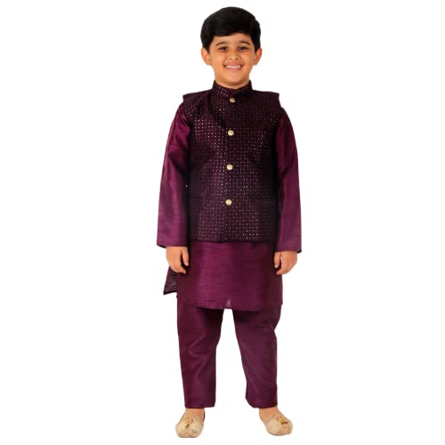Image of Pro-Ethic Style Developer Kurta Pajama For Kids Boys With Waistcoat | Silk | Floral | Traditional Dress (S-200)