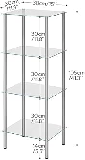 HOOBRO Glass Shelf, 4 Tier Bathroom Standing Shelf Unit, Tempered Glass Shelving Stand for Small Space, Perfume Stand Organizer, Space-Saving, for Bathroom, Bedroom, Steel Frame, Silver SV04CJ01