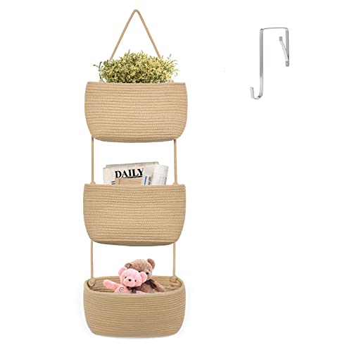 Image of Over Door Hanging Basket,3-Tier Wall Hanging Basket,Cotton Rope Wall Hanging Organizer,Decorative Door Storage Basket, Storage Space for Bedroom,Bathroom,Living Room,Brown