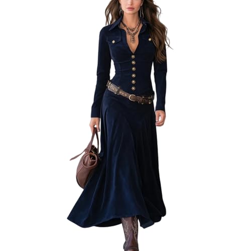 Cordkleid für Damen, Vintage-Klappentasche, Wildlederimitat, Maxikleid, elegant, Winter, Hemd, Kleider, lässig, Weihnachten, Partykleidung, blau, XS