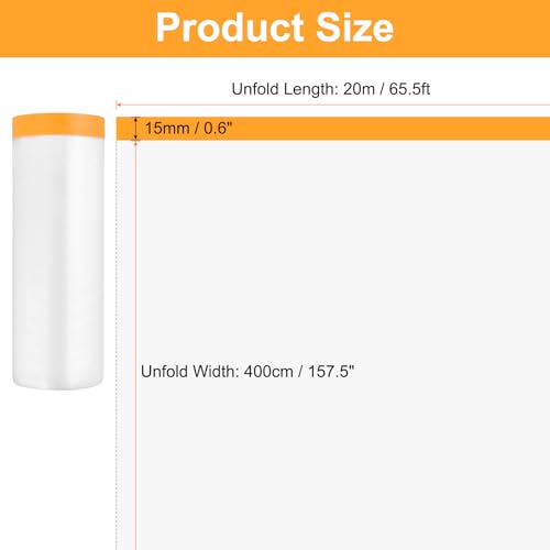 Image of HARFINGTON 6 Rolls Pre-Taped Masking Film 157.5 inch x65.6ft Tape and Drape Painters Plastic Drop Cloth Film with Tape Plastic Sheeting for Automotive Painting Covering