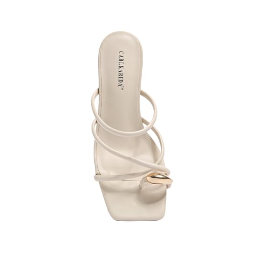 Image of Strappy Heels For Women Low Chunky Block Heel Heeled Sandals Square Open Toe Slip On Slides Flip Flops Mules
