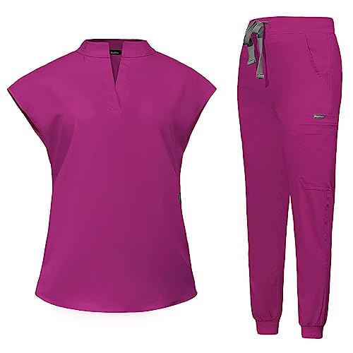 Scrubs for Women Set Top & Jogger Scrubs for Women Suit with Zipper Pocket Medium Uniform (Hot Pink,XL,X-Large)