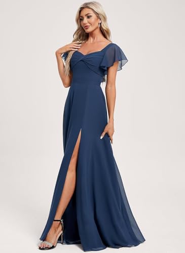 Women's Flutter Sleeve Bridesmaid Dresses Chiffon Formal Dress with Pockets V-Neck Party Prom Gown with Split NXY0493