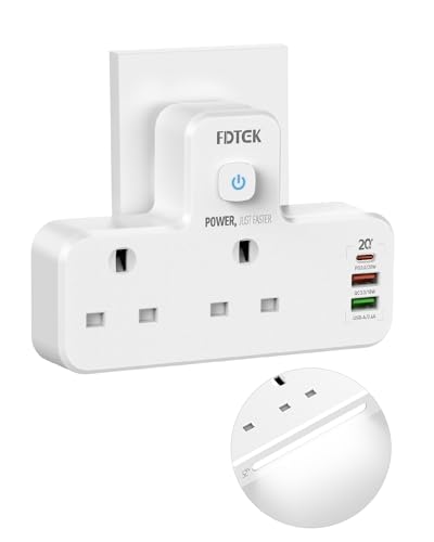 Multi Plug Adapter, FDTEK 2 Way Extension Plug with Sensor Night Light, 13A UK Dual Surge Protected Wall Charger with 3 USB for Home, Office, Kitchen