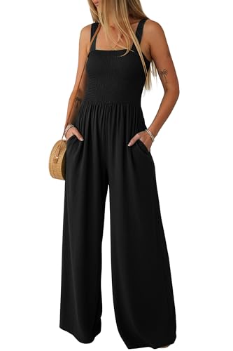 Lepunuo Jumpsuits for Women Casual One Piece Overalls Smocked Wide Leg Long Rompers With Pockets Beach Vacation
