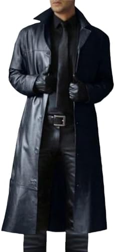 Men's Trench Coat, Solid Color Pu Leather Full Length Windbreaker Gothic