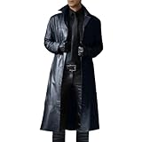 Men's Trench Coat, Solid Color Pu Leather Full Length Windbreaker Gothic Faux Leather Steampunk Overcoat Casual Outwear Lapel Windproof Motorcycle Button Up Long Trench Coat for Winter