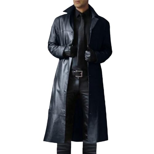 Men's Trench Coat, Solid Color Pu Leather Full Length Windbreaker Gothic Faux Leather Steampunk Overcoat Casual Outwear Lapel Windproof Motorcycle Button Up Long Trench Coat for Winter