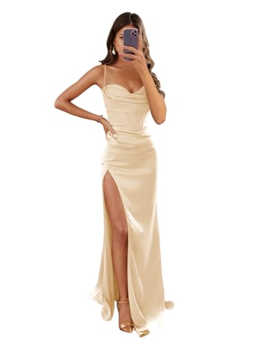 Image of Women's Mermaid Prom Dress with Slit Satin Bridesmaid Dresses Long Corset Evening Formal Party Gown