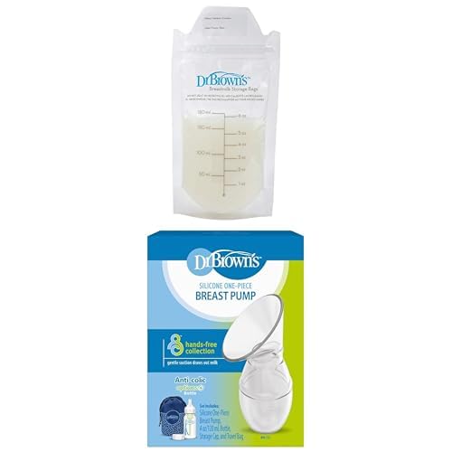 Dr. Brown’s Breast Milk Storage Bags, Disposable and Durable Bags for Freezing & Heating, (50ct) 6 oz Bags, BPA-Fee + Dr. Brown's One-Piece Breast Pump, 100% Silicone + Baby Bottle, 4 oz + Travel Bag