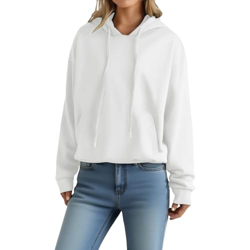 Sudadera básica de manga larga para mujer, informal, informal, para otoño e invierno, ligera, ajuste relajado, con capucha, para entrenamiento, 2025, blanco, M