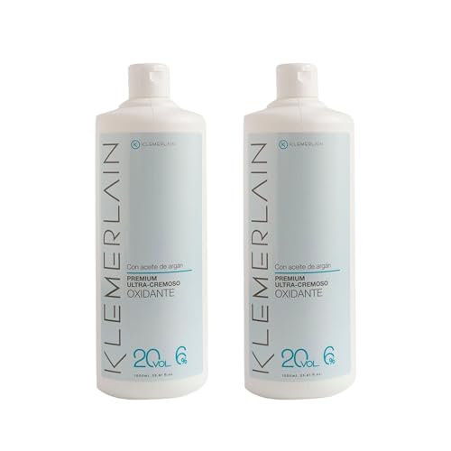 Klemerlain Agua Oxigenada en Crema Estabilizada 20 Volúmenes 6%, Oxidante para Coloración Capilar Permanente y Decoloración. Formulación Vegana. Uso Profesional. Pack de 2 Uds de 1L