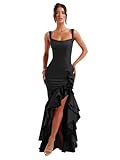 Sougoue Black Mermaid Prom Dresses for Women 2025 Satin Corset High Low Tiered Ruffle Slit Bridesmaid Dresses US0