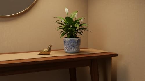 Image of Glass Finish Terracotta Planter Pot for Home Decor | Flower Pot | Blue and White, Krishna and Peacock Theme, 11.4cm x 10cm