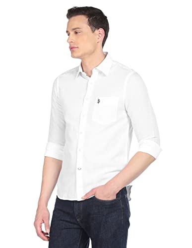 Image of U.S. Polo ASSN. Men's Solid Cotton Linen Tailored Fit Spread Collar Casual Shirt