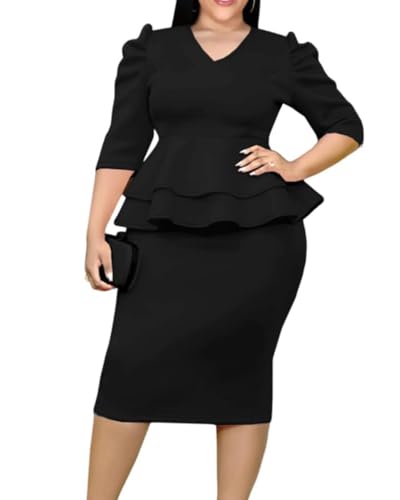 ONTINVA Women V-Neck Plus Size Peplum Dress Church Wear to Work Bodycon Short Sleeve Midi Dresses
