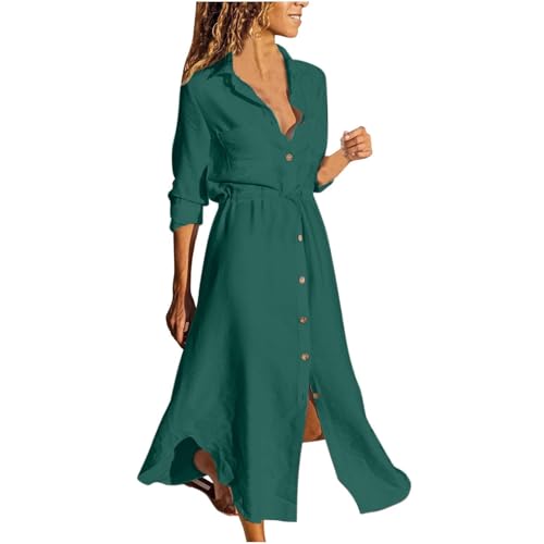Vestidos de verano de lino y algodón para mujer, estilo vintage, liso, con solapa, vestido camisero de manga larga, maxivestidos de playa, con un solo botonadura, casual, vestido camisero moderno, Gn2