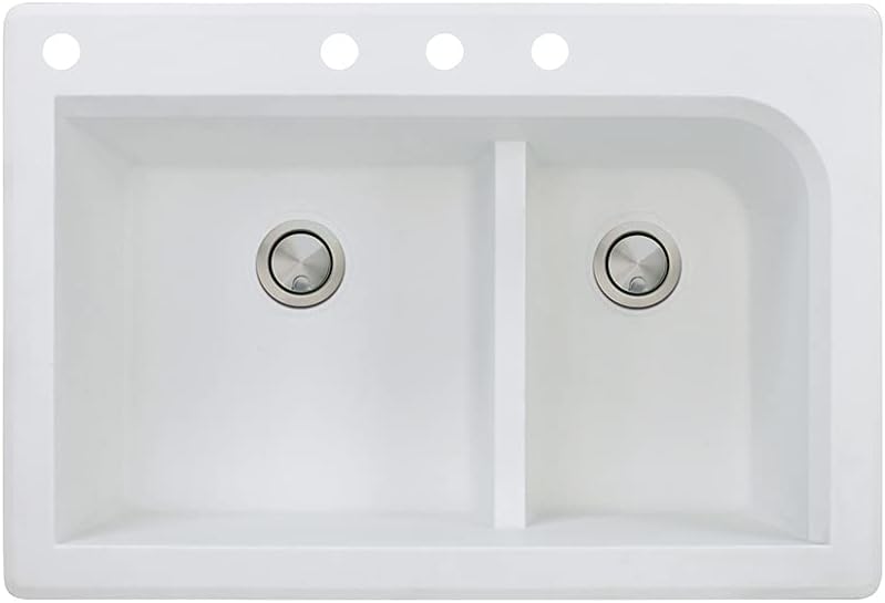 Transolid RTDJ3322-01-CABD Radius 33-in W x 22-in L silQ Granite Drop-in Double Bowl Kitchen Sink with 4 CABD Faucet Holes in White